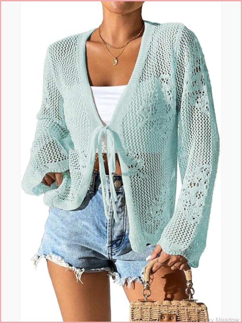 Crochet Tie Front Long Sleeve Cardigan Lightweight Beach Cover Up